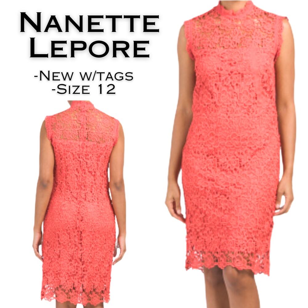 Nanette Lepore Sheath Dress 12 Coral Orange Lace Sleeveless High Neck Party NEW